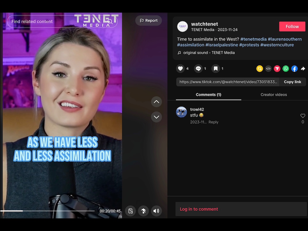 A 30-ish light-skinned woman appears on the left of the image, with the words 'And we have less and less assimilation' superimposed on her image. On the right are comments from Tenet Media promoting the video.