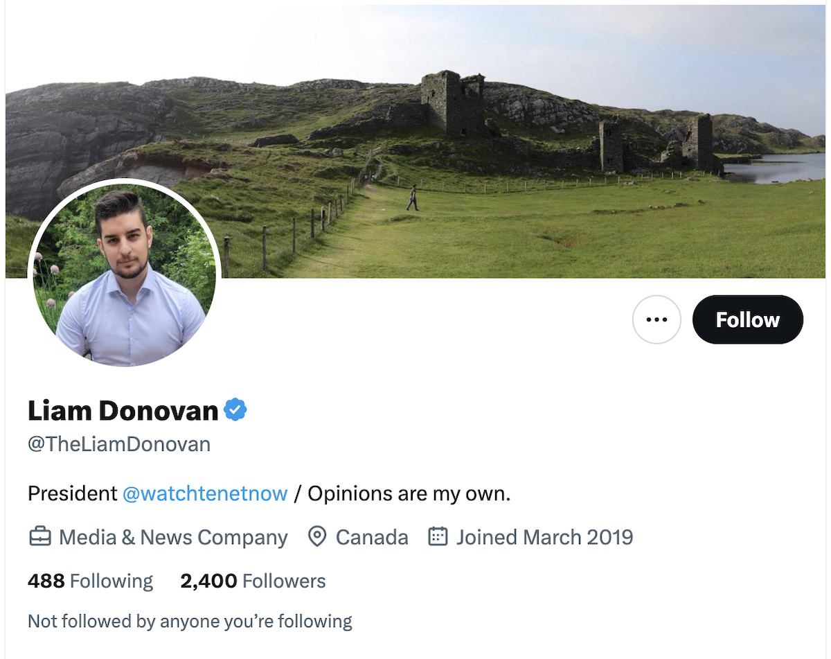 An X page showing Liam Donovan as the president of Tenet Media.