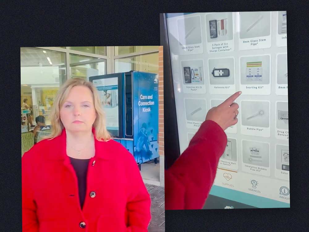 A collage shows Gwen O&rsquo;Mahony in front of a harm reduction vending machine in Nanaimo. In a second photo, she is pointing at harm reduction items available at the kiosk.
