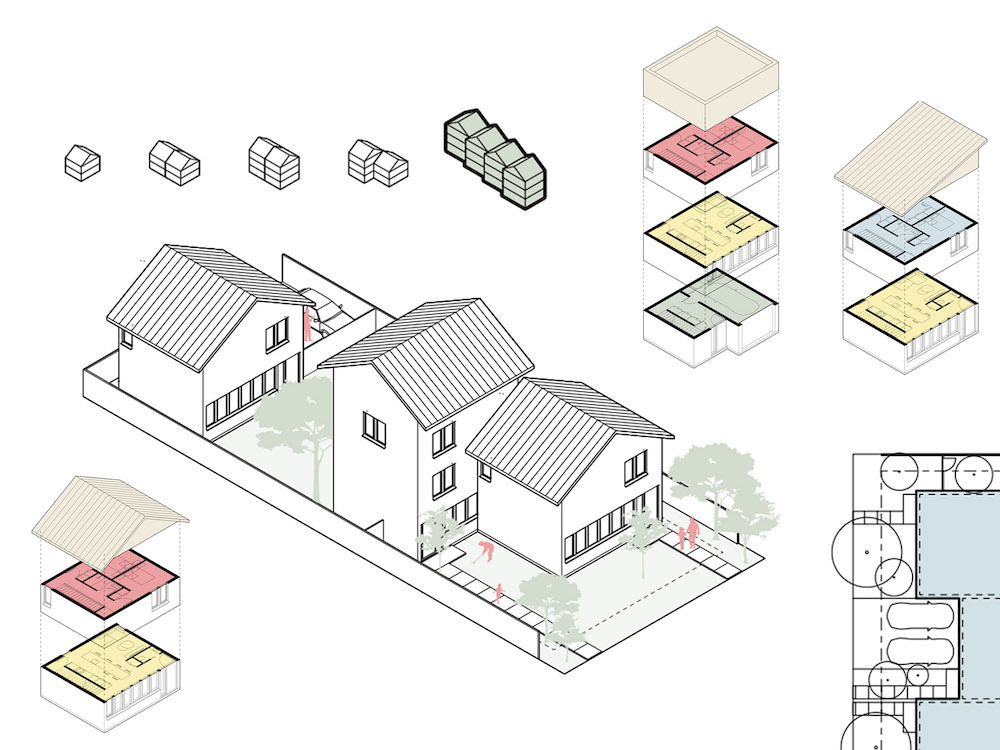 A digital illustration of three houses sharing one lot includes block-like design elements around the houses in muted red, yellow and beige colourways against a white background.