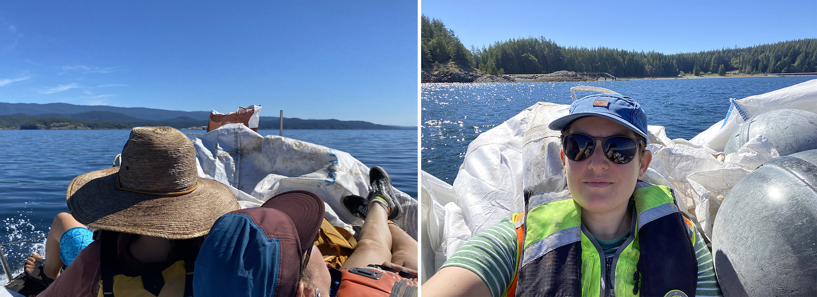 A two-panel image depicts people in summer hats and sunglasses lying atop large white bags of ocean debris on a boat.