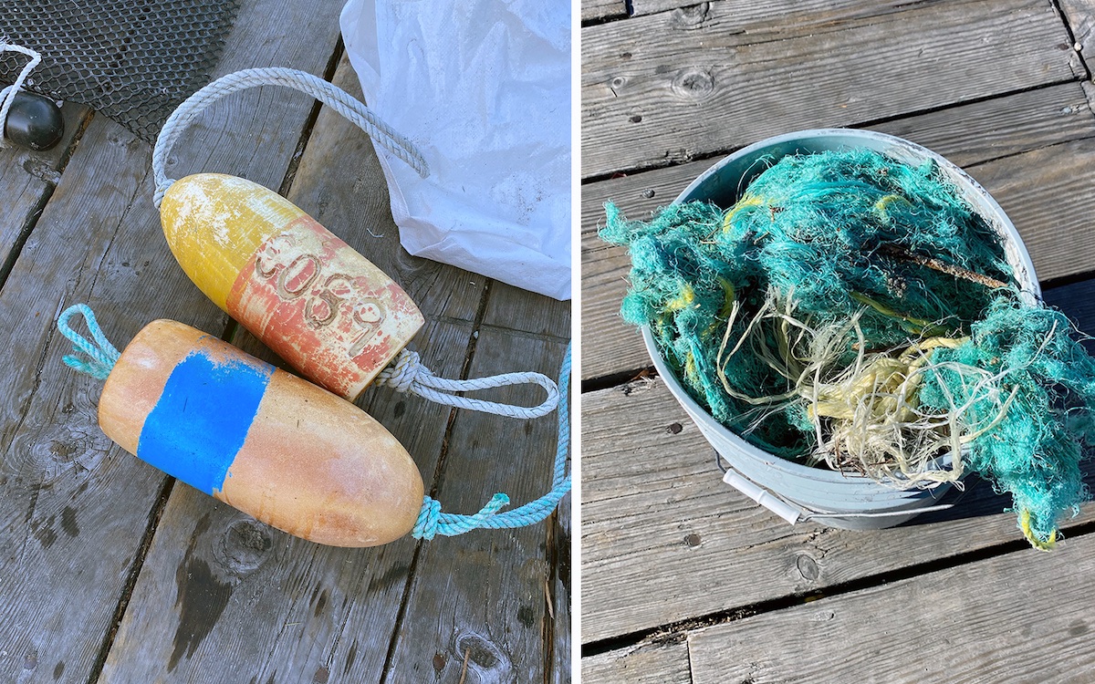 A two-panel image depicts, on the left, a pair of buoys on a dock and, on the right, a grey bucket of turquoise netting.
