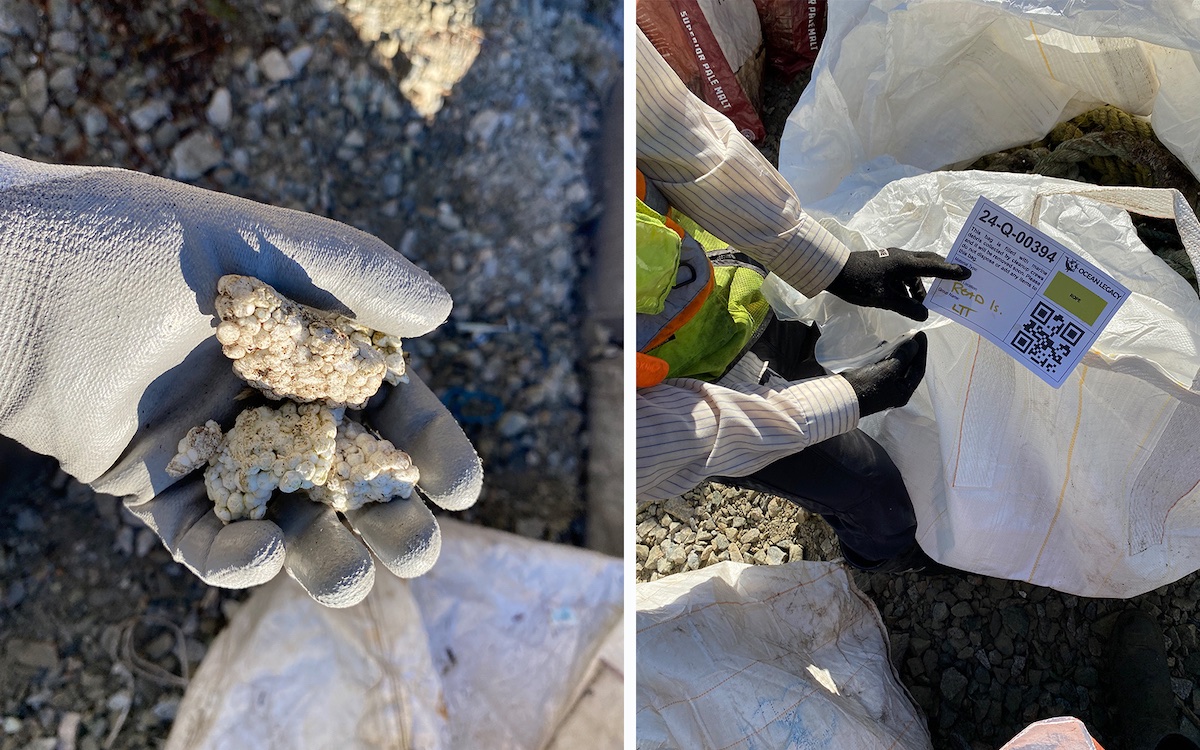 A two-panel image depicts, on the left, a grey-gloved hand holding small nuggets of white Styrofoam. On the right, a person with a long-sleeved striped button-down shirt holds the label on a large white bag.