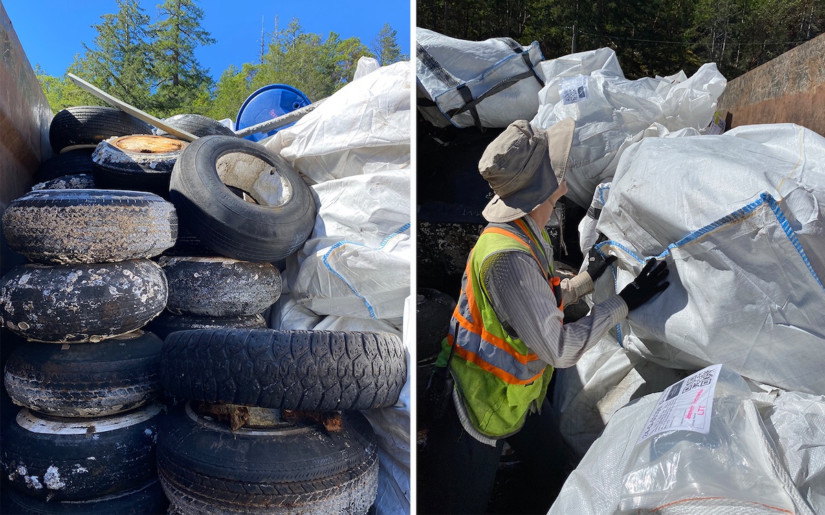 A two-panel image depicts, on the left, a stack of tires, some covered in barnacles; on the right is a person in a high-visibility vest arranging large white bags.