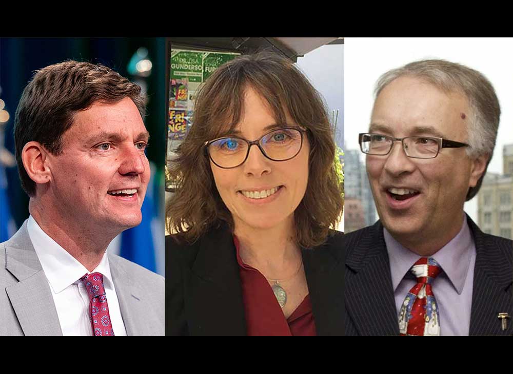 A light-skinned woman with shoulder-length brown hair smiles at the camera. A light skinned 60-ish man with grey hair does the same. A younger man with shorter dark hair stands at a podium.