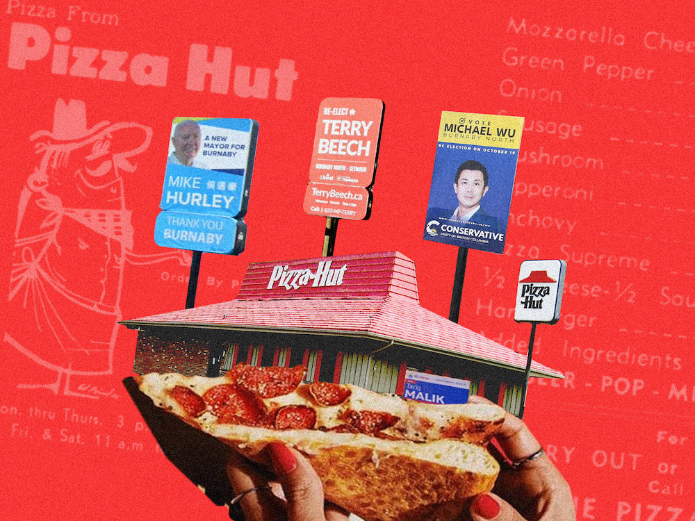 A collage on a red background shows a clipping from a Pizza Hut menu, a woman’s hand holding a slice of pizza, a Pizza Hut and several political signs.