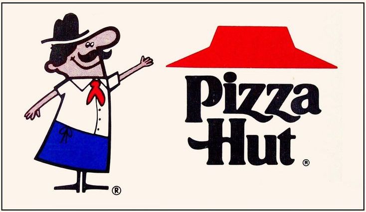 The old logo for Pizza Hut, a cartoon man wearing a hat, moustache, red tie and blue apron, next to the new logo for Pizza Hut, which shows the iconic red roof over a semi-cursive 'Pizza Hut.'