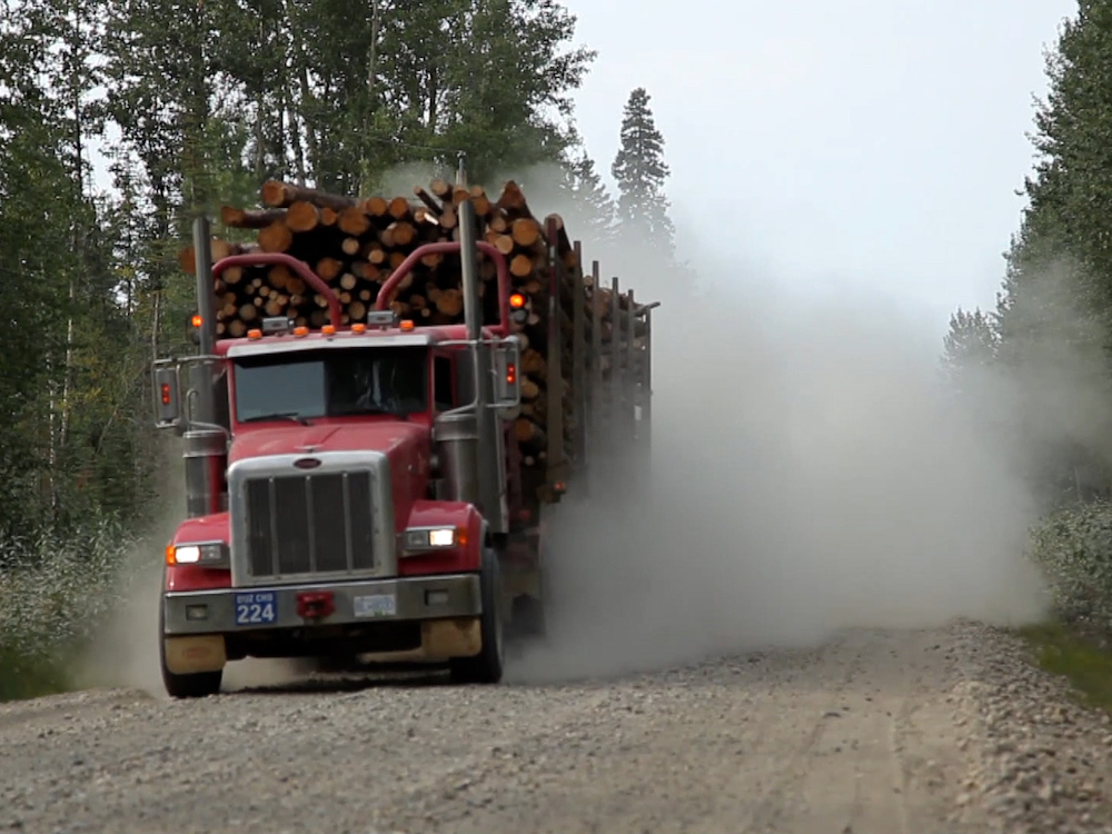 A red truck hauls a load of logs down a gravel road.