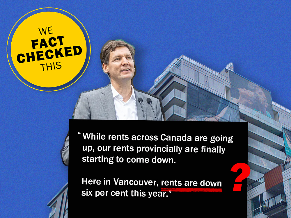 A collage shows a housing tower, Premier David Eby and his quote about falling rents.