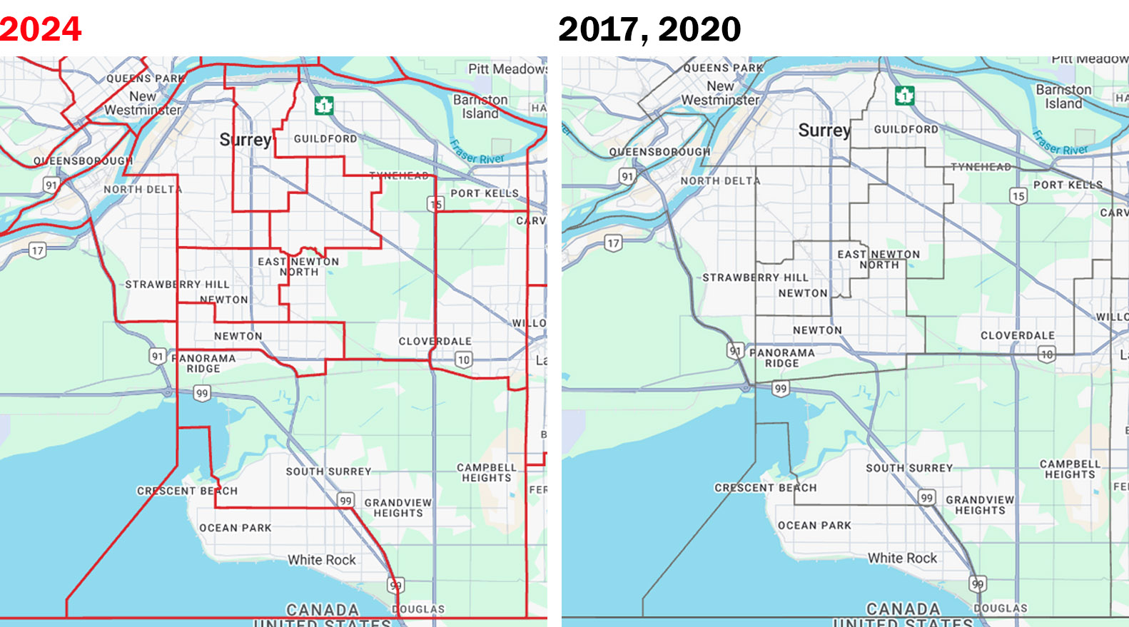 A two-panel image depicts, on the left, a 2024 map of provincial ridings in Surrey, B.C., marked in red. On the right, a map marked '2017, 2020' depicts Surrey&rsquo;s provincial ridings in grey.