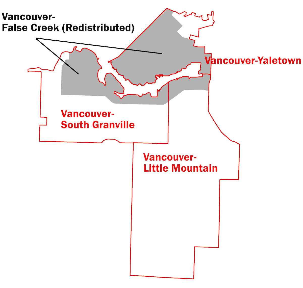 A simple map labelled 'Vancouver-False Creek (Redistributed)' in red and grey on a white background shows Sam Sullivan&rsquo;s old riding of Vancouver-False Creek in grey, which is now redistributed across Vancouver-South Granville, Vancouver-Yaletown and Vancouver-Little Mountain.