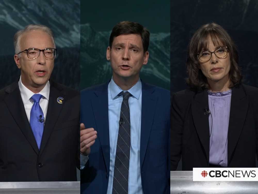 Three separate screengrabs of John Rustad, David Eby and Sonia Furstenau are side-by-side as they speak at the leaders' debate. 
