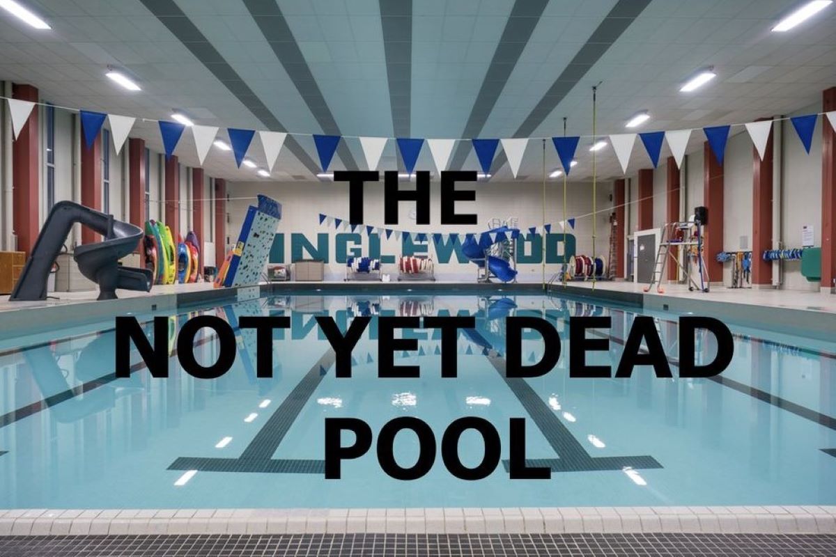 An indoor swimming pool with the words Not Yet Dead Pool in black over the image.