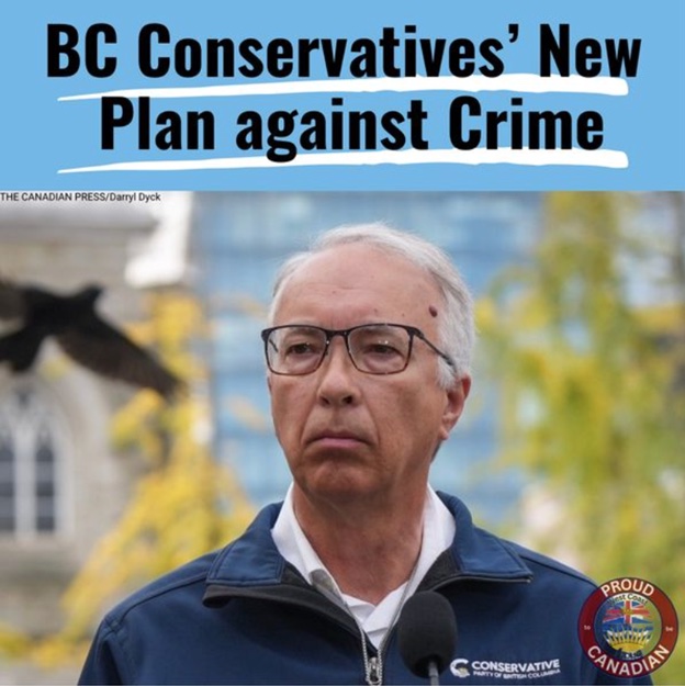 A social media ad shows a serious-looking John Rustad, a man with light skin, grey hair and glasses, with the words 'BC Conservatives&rsquo; New Plan against Crime' on a light blue background.
