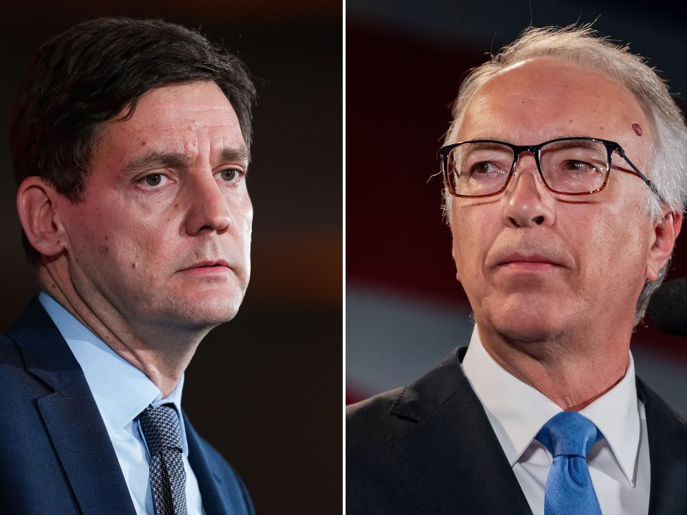 Two photos side by side. On the left, a 48-year-old light-skinned man with dark hair in a suit. On the right, a 61-year-old light-skinned man with grey hair and glasses, also in a suit.