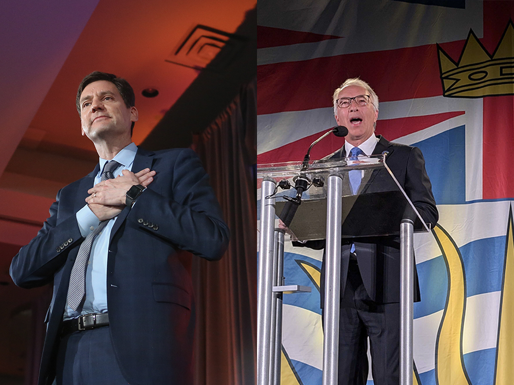 On the left, David Eby holds his hands over his heart. On the right, John Rustad stands at a podium. 