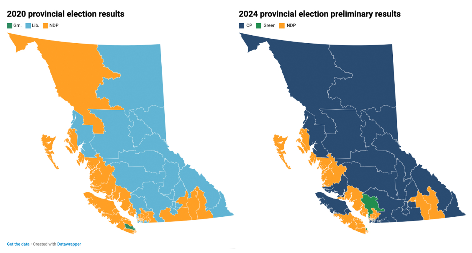 Two maps side by side show the results of the NDP, BC Liberals and Greens in 2020 versus 2024. The map of 2024 is significantly less orange, and looks far more blue.