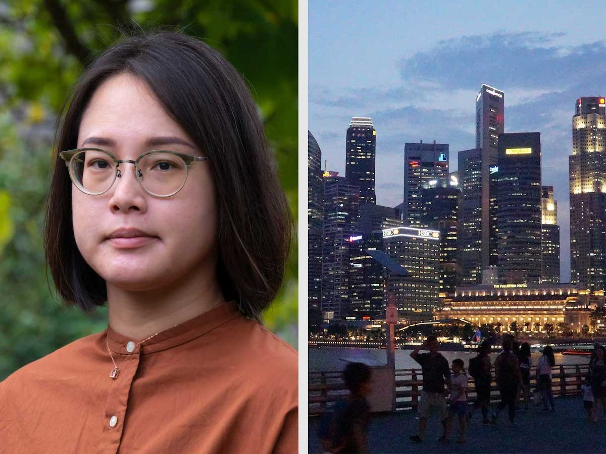 A two-panel image features, on the left, Rachel Bok and, on the right, an urban skyline and waterfront featuring highrise buildings at dusk. Bok has dark hair that falls just above her shoulder and is wearing glasses, a necklace and a pumpkin-coloured dress shirt.