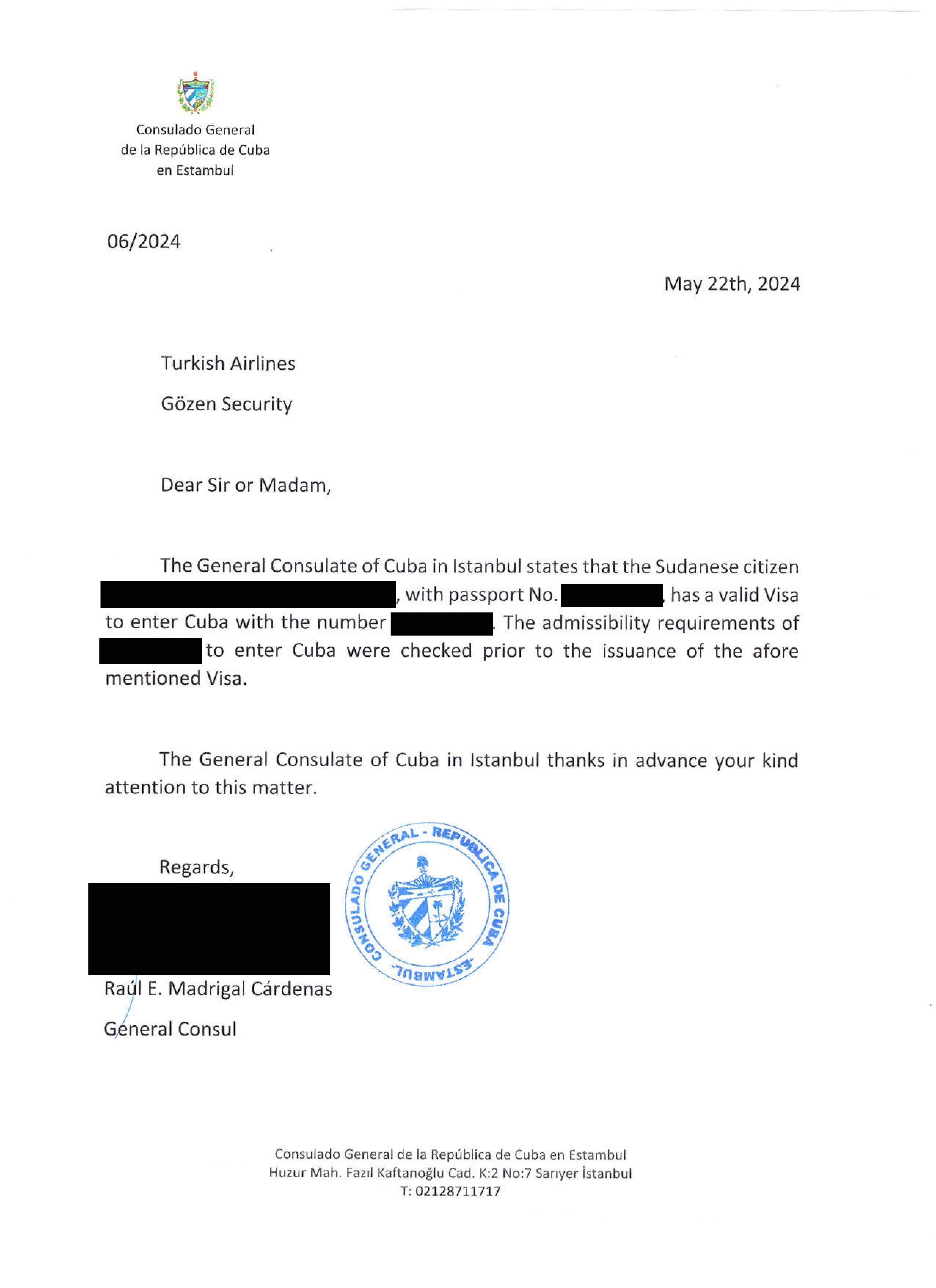 A screenshot of a redacted document issued by the General Consulate of Cuba explaining that a Sudanese citizen (name redacted) has a valid visa to enter Cuba.