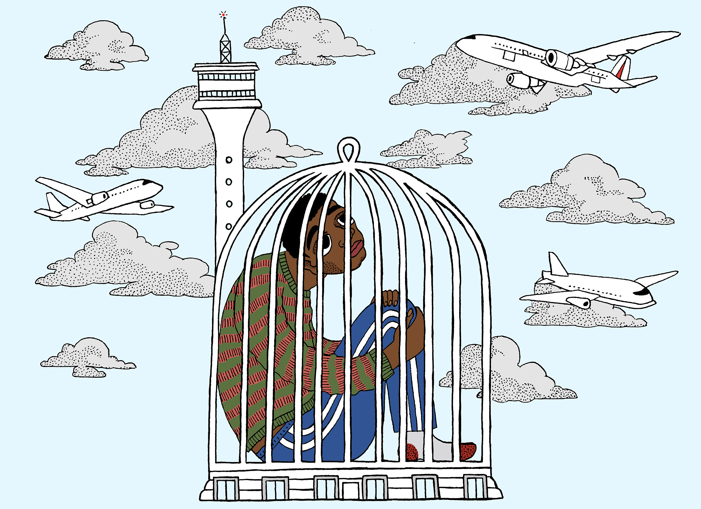 A drawing of a man stuck in a cage in the shape of an airport.