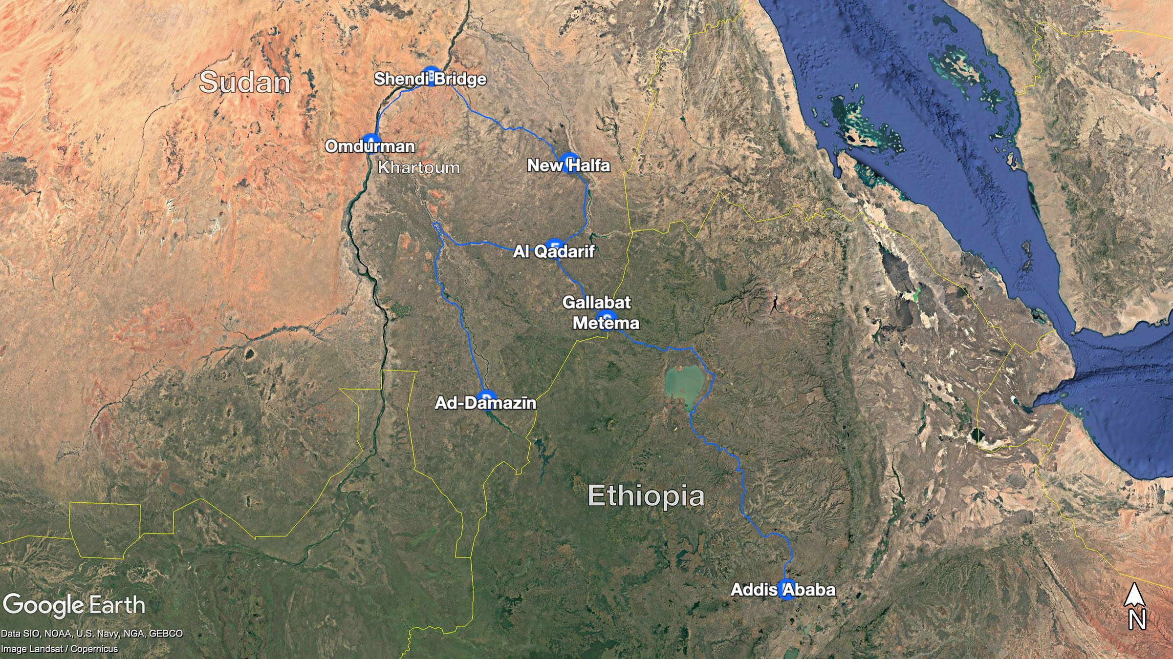 Satellite imagery showing Elhadi's route.