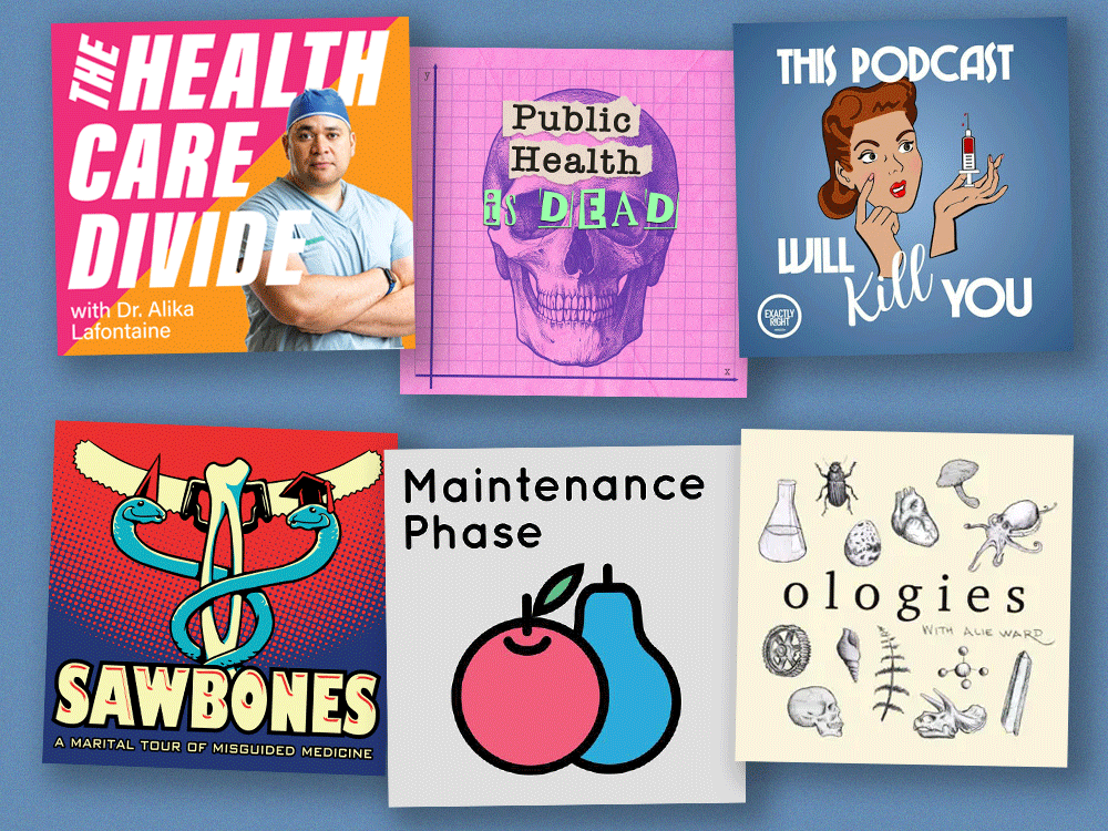From left to right and top to bottom, the covers for the podcasts 'The Healthcare Divide,' 'Public Health Is Dead,' 'This Podcast Will Kill You,' 'Sawbones,' 'Maintenance Phase' and 'Ologies.'