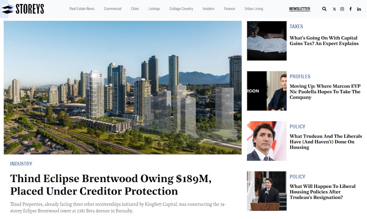 A screenshot of the Storeys website shows five news stories on real estate. The main image is a panorama of highrise buildings on a clear day for a story about Thind Properties.