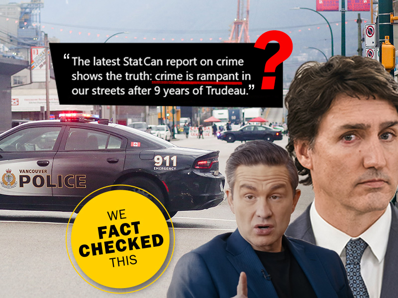 A collage that includes the image of Canadian Prime Minister Justin Trudeau, Conservative Leader Pierre Poilievre, a screenshot of a Poilievre Instagram post and a Vancouver Police Department car.