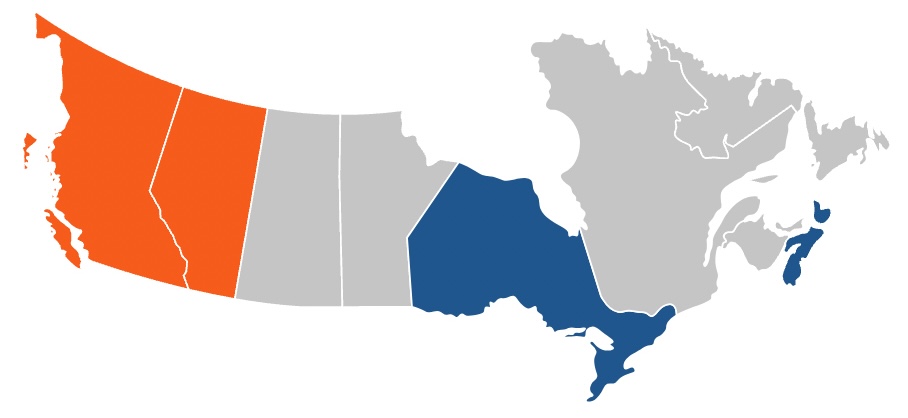 A map of Canada shows B.C. and Alberta coloured orange and Ontario and Nova Scotia coloured blue.