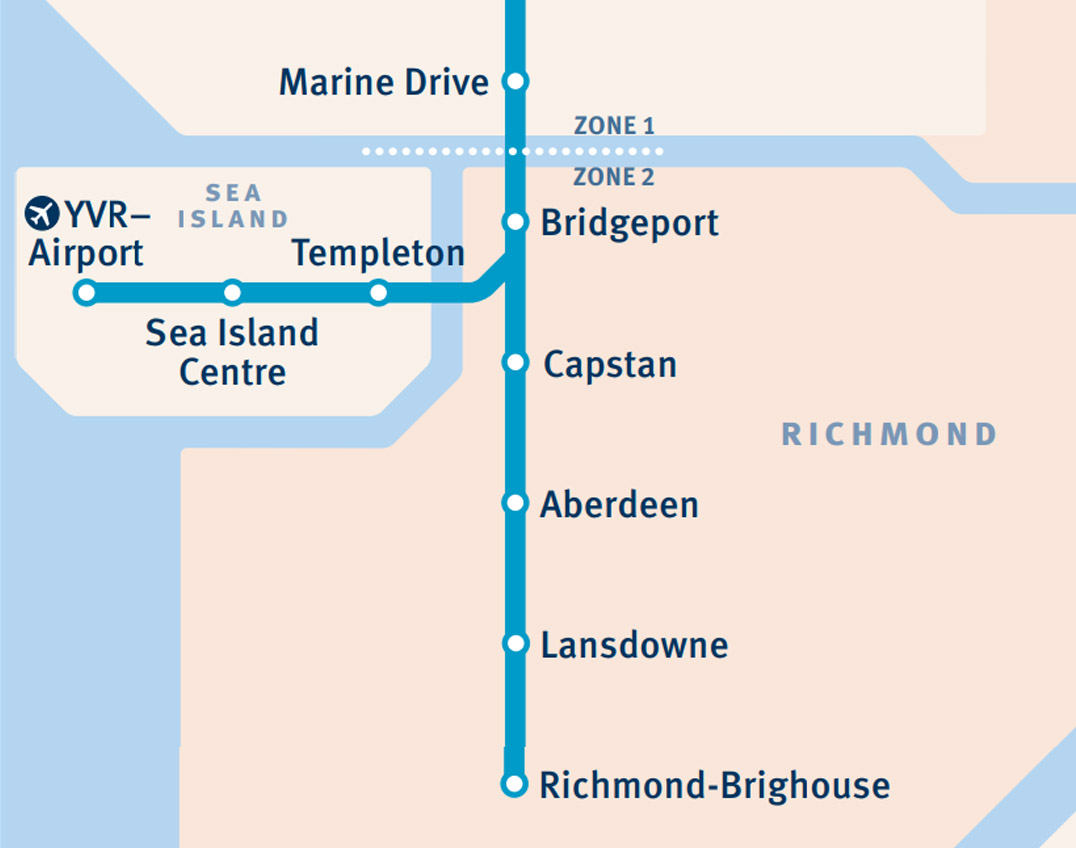 A light yellow and blue map of Canada Line stops in Richmond includes the newly opened Capstan Station.