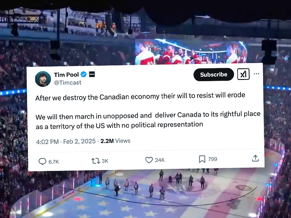 An X post calling for a U.S. invasion of Canada is superimposed on an image of a hockey rink.