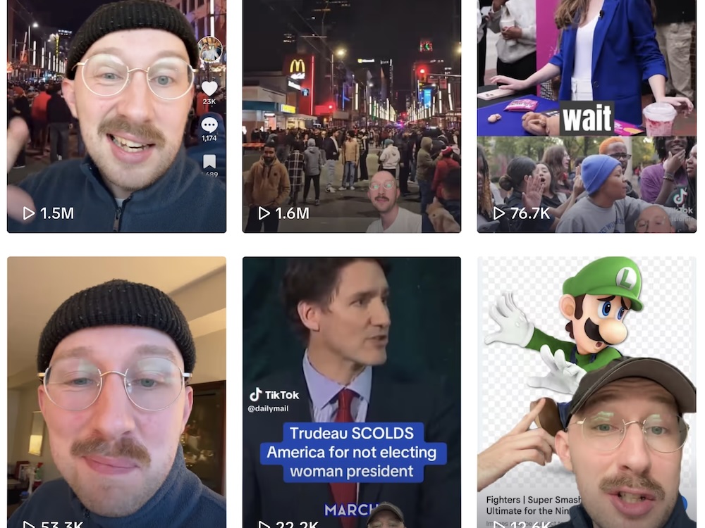 A screenshot of six posts from Robin Skies’ TikTok account. Three of them feature the creator, a light-skinned man with wire-framed glasses and a light brown moustache wearing a toque or a baseball cap. One of the posts features an image of Justin Trudeau with the words 'Trudeau SCOLDS America for not electing woman president.'