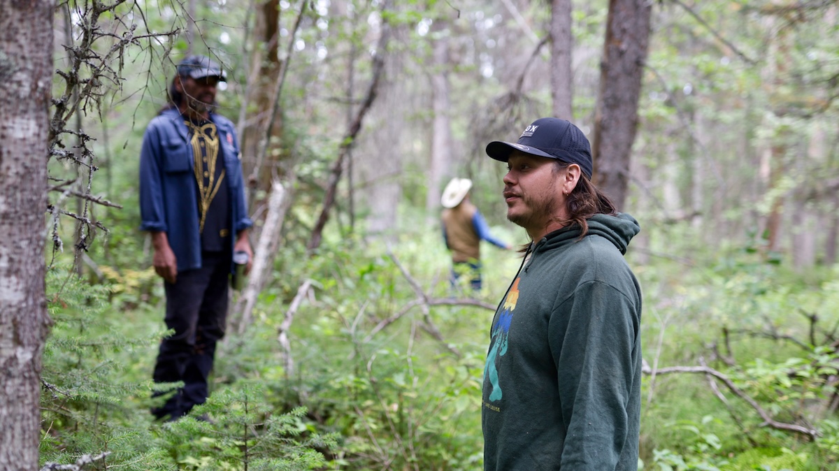 Three men stand in a forest.