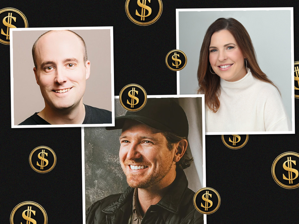A collage shows individual photos of three smiling people against a black background, with the golden dollar sign logo from the DOGE website superimposed around them.