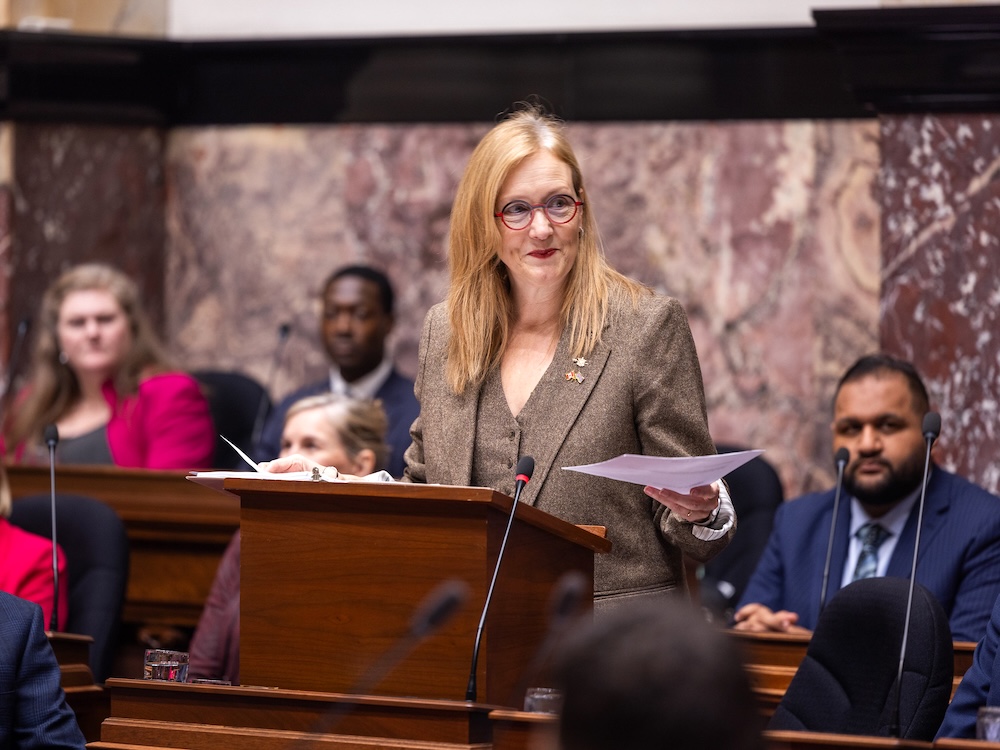 Brenda Bailey, a woman with dark blond hair, light skin tone and black, circular glasses, stands in the legislature chamber.