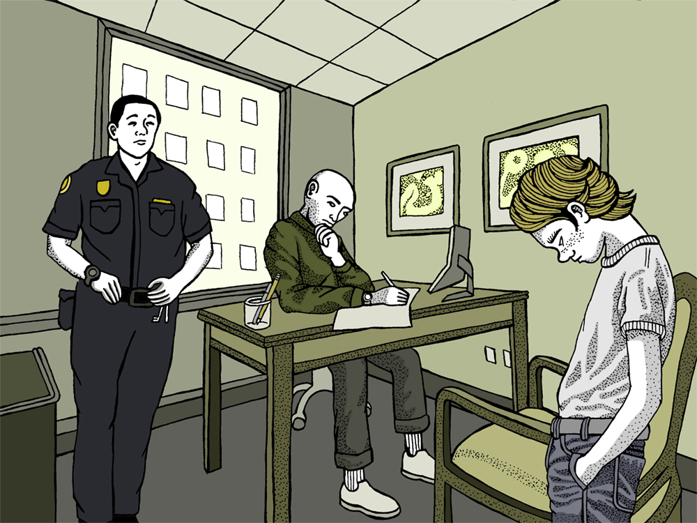 An illustration shows a principal, a uniformed police officer and a student in a principal’s office at a school.