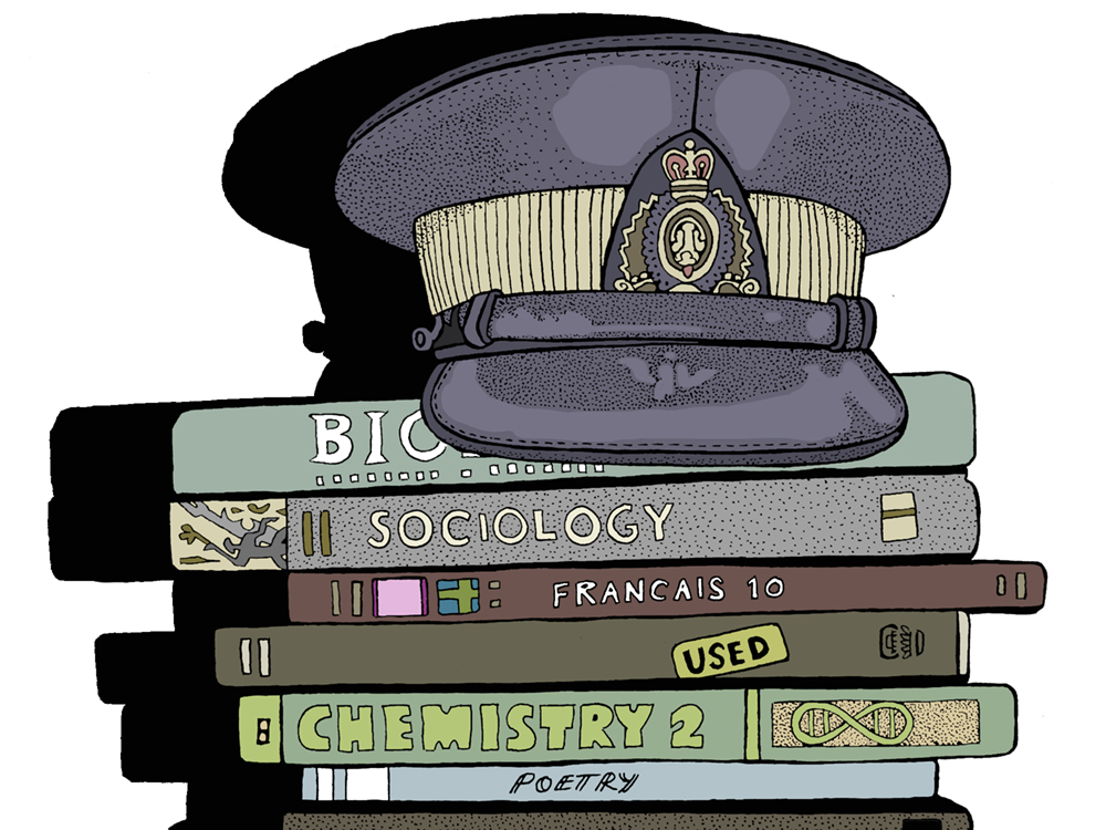 Illustration of an RCMP cap sitting on top of a stack of high school textbooks.