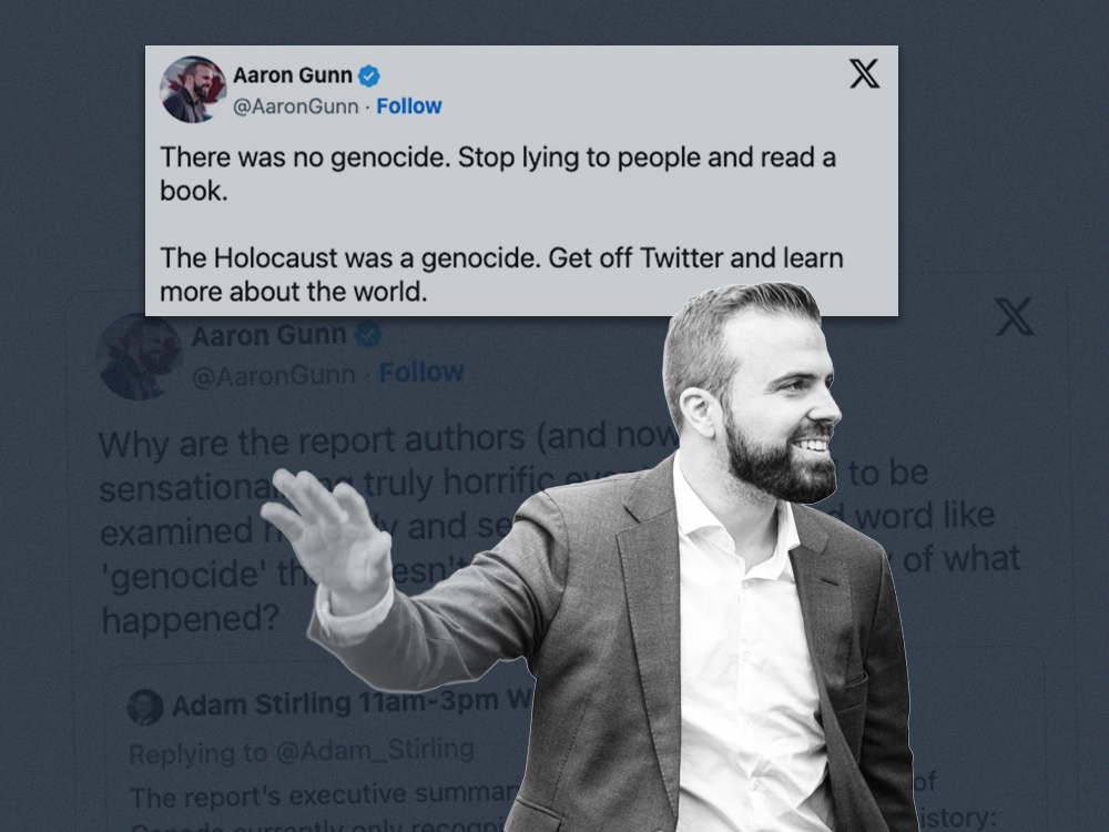 A collage shows a photo of Aaron Gunn standing and waving his right hand. An X post shows Aaron Gunn saying, in part, ‘There was no genocide. Stop lying to people and read a book.’