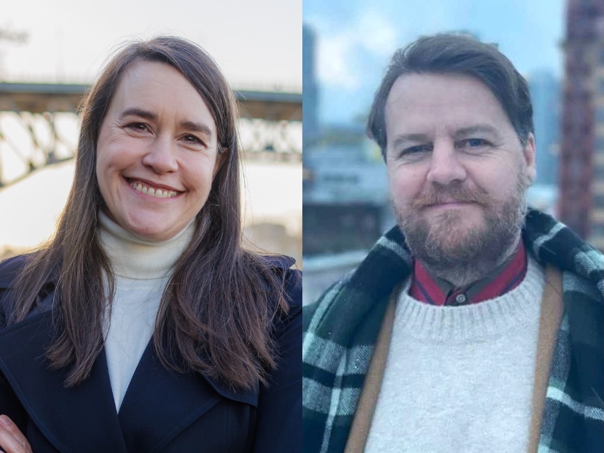 Two photos. On the left, a light-skinned woman with long brown hair, wearing a blazer and white turtleneck. On the right, a light-skinned man with brown hair and a beard wearing a coat and white sweater.
