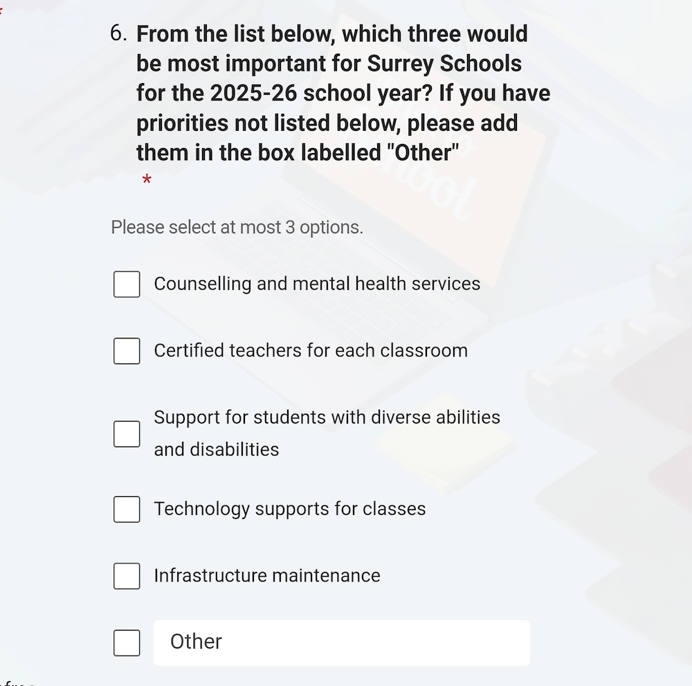 A smartphone screenshot of a multiple choice survey asking responders to rank their top three funding priorities for education. 