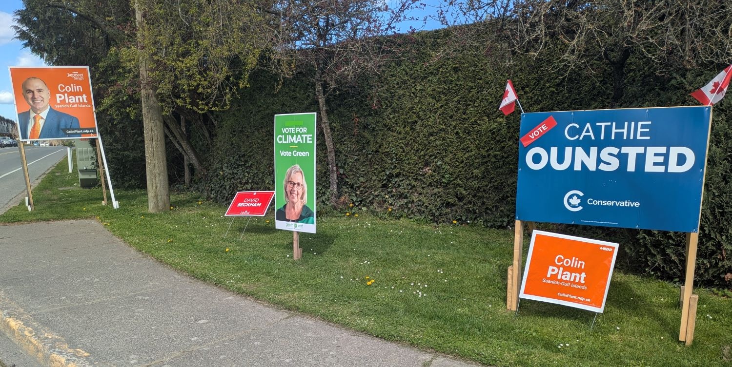 Federal election campaign signs on a grassy verge, in four colours: orange for NDP candidate Colin Plant; red for Liberal David Beckham; green for Green candidate Elizabeth May; and blue for Conservative Cathie Ounsted.