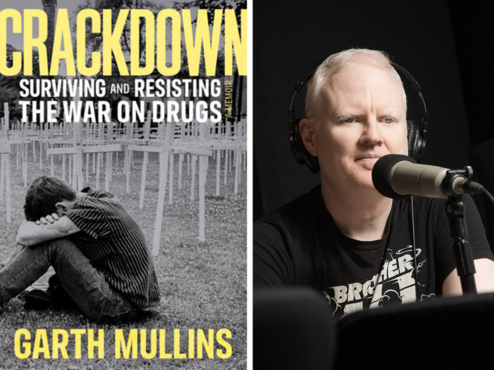 A diptych shows the cover of ‘Crackdown’ on the left, and an author photo of Garth Mullins on the right.