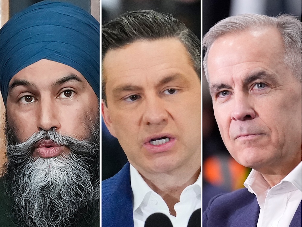 Close-ups of three men. From left, Jagmeet Singh has medium skin tone, a full salt-and-pepper beard and moustache and a blue turban; Pierre Poilievre has light skin tone and short dark hair; and Mark Carney has light skin tone and short grey hair. 