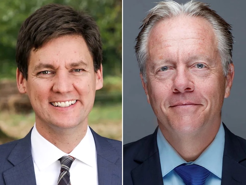 Two photos side by side. One shows David Eby, a 48-year-old light-skinned man. The other shows Michael Bryant, a 59-year-old light-skinned man. Both wear shirts and ties.