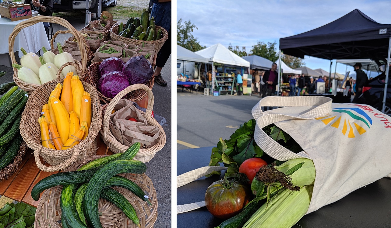 The photo on the left shows a display of baskets containing a variety of squash, cucumbers, cabbage and other vegetables. The photo on the right shows a &lsquo;Buy BC&rsquo; cloth shopping bag overflowing with produce. In the background there are market tents and people shopping. 