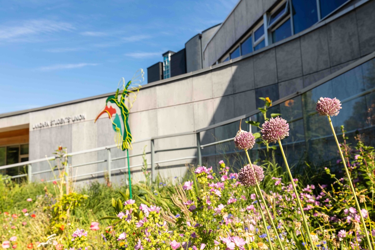 A green hummingbird decoration stands among tall plants with purple flowers in a garden on a sunny day. In the background is a wide concrete building. The words ‘Langara Student Union’ are inscribed on one side.