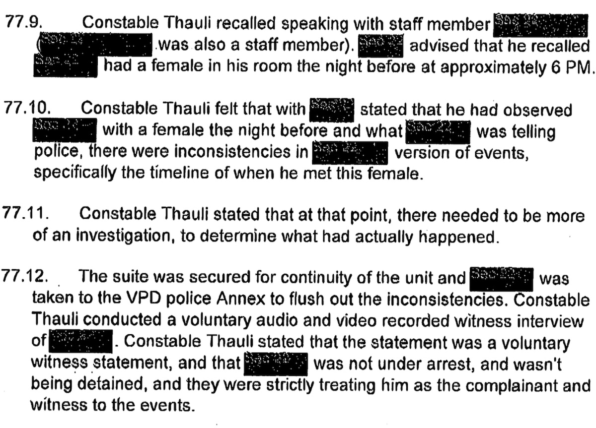 A section of a typed report with some parts blacked out.