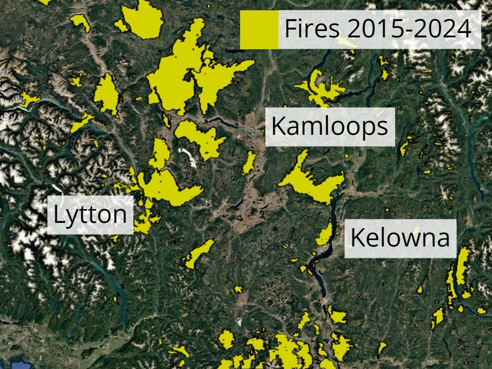 A satellite map shows the location of burn scars around Lytton, Kamloops and Kelowna from fires between 2015 and 2024.