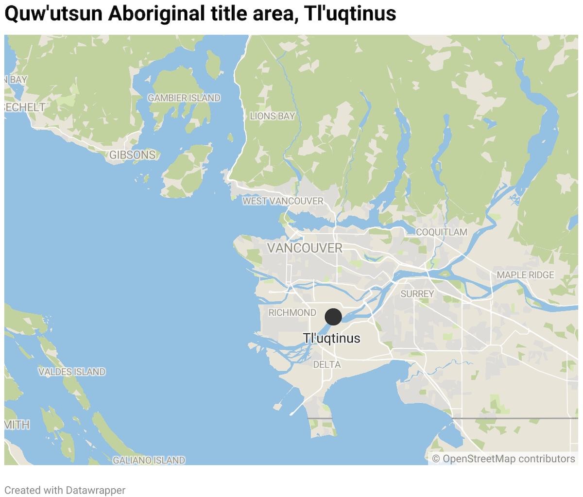 A map shows that Tl&rsquo;uqtinus is located on the Fraser River in East Richmond.