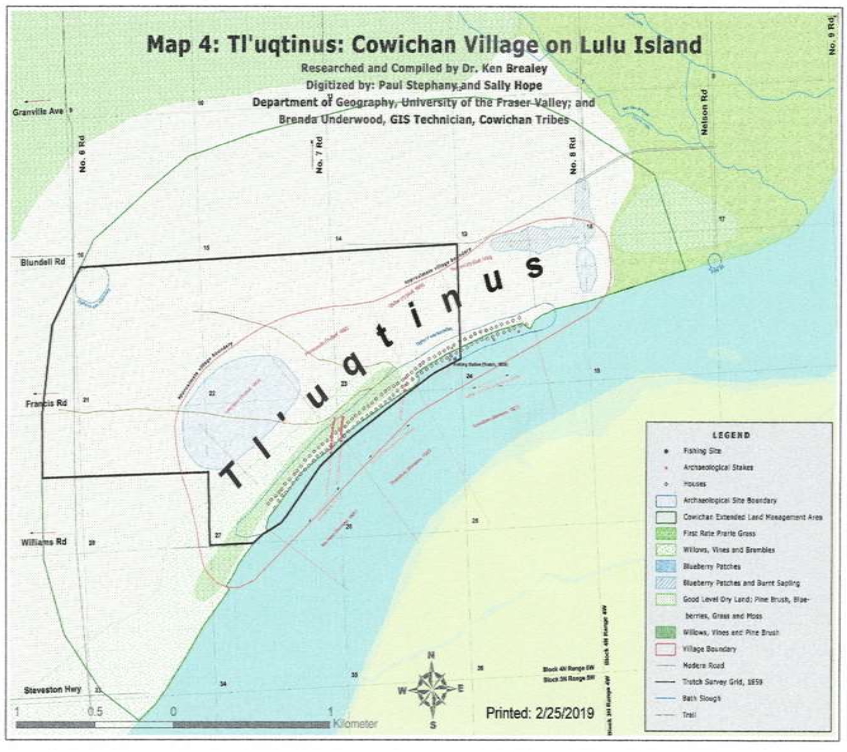 A map shows Tl&rsquo;uqtinus, the Cowichan Village on Lulu Island.